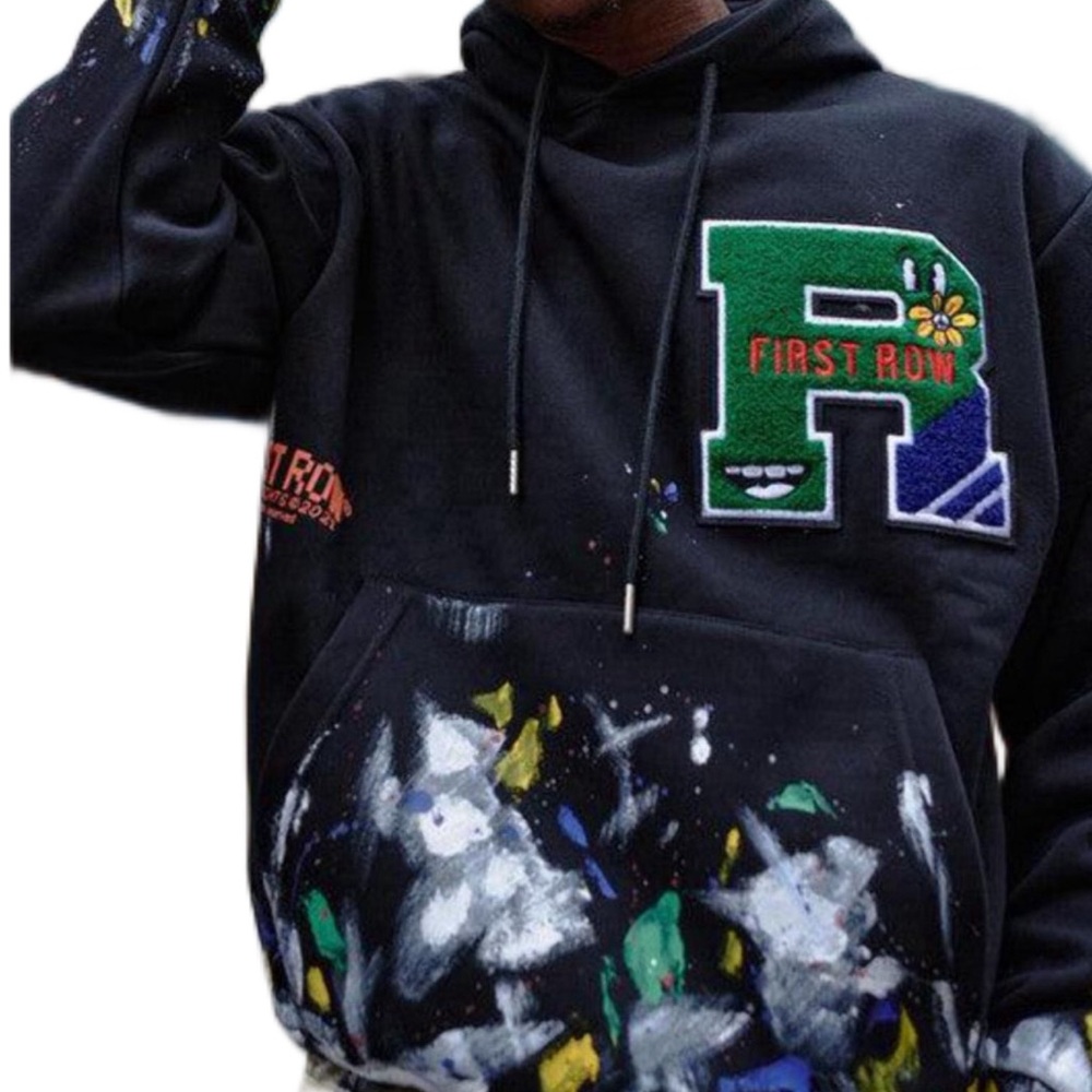 FIRST ROW BLACK CHENILLE PATCH & HAND PAINT HOODIE - Large / NWOT